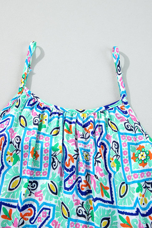 Artistic Floral Abstract Textured Rhinestone Detail Spaghetti Strap Summer Tank